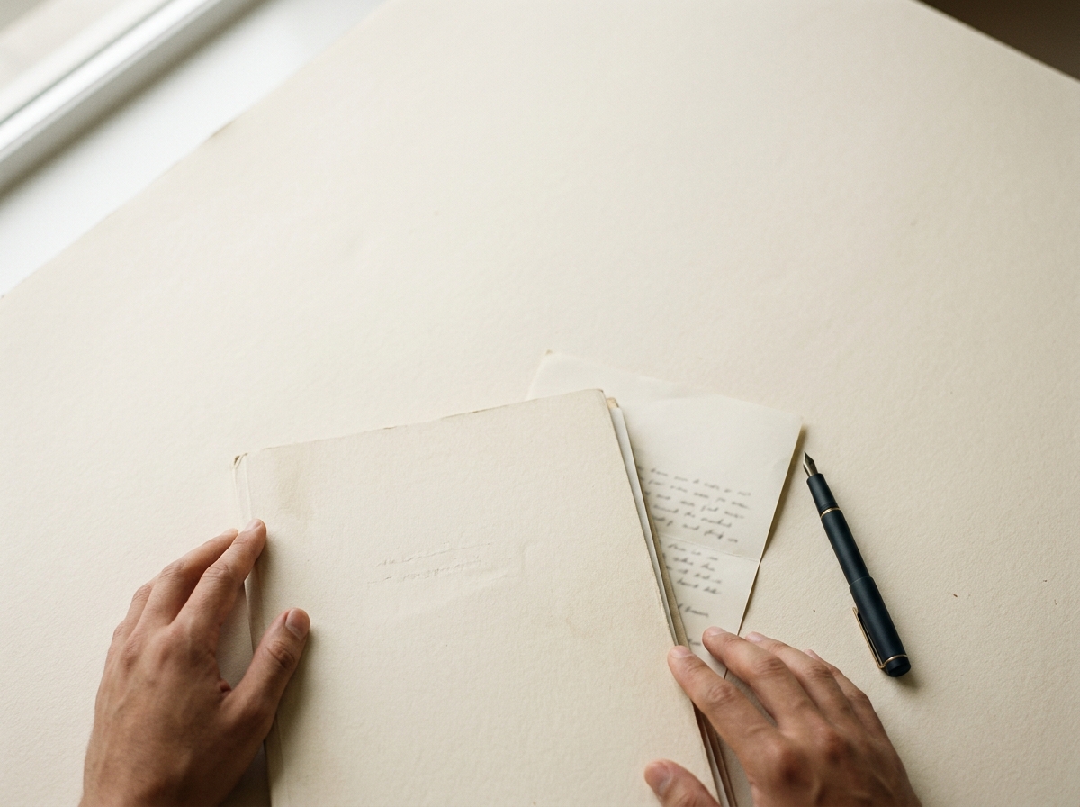 Aerial flat-lay of hands closing a cream-paper dossier with a fountain pen and folded letter.