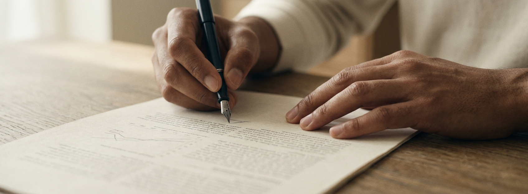 Hands annotating a printed regulatory document with a fountain pen.