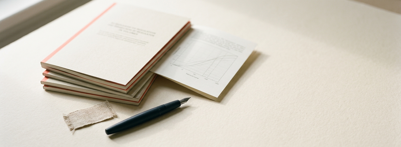 Overhead flat-lay of regulatory documents on a cream-paper desk.