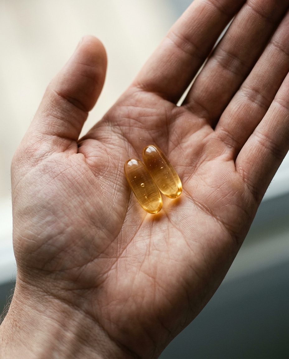 Macro photograph of amber capsules resting in a cupped palm.
