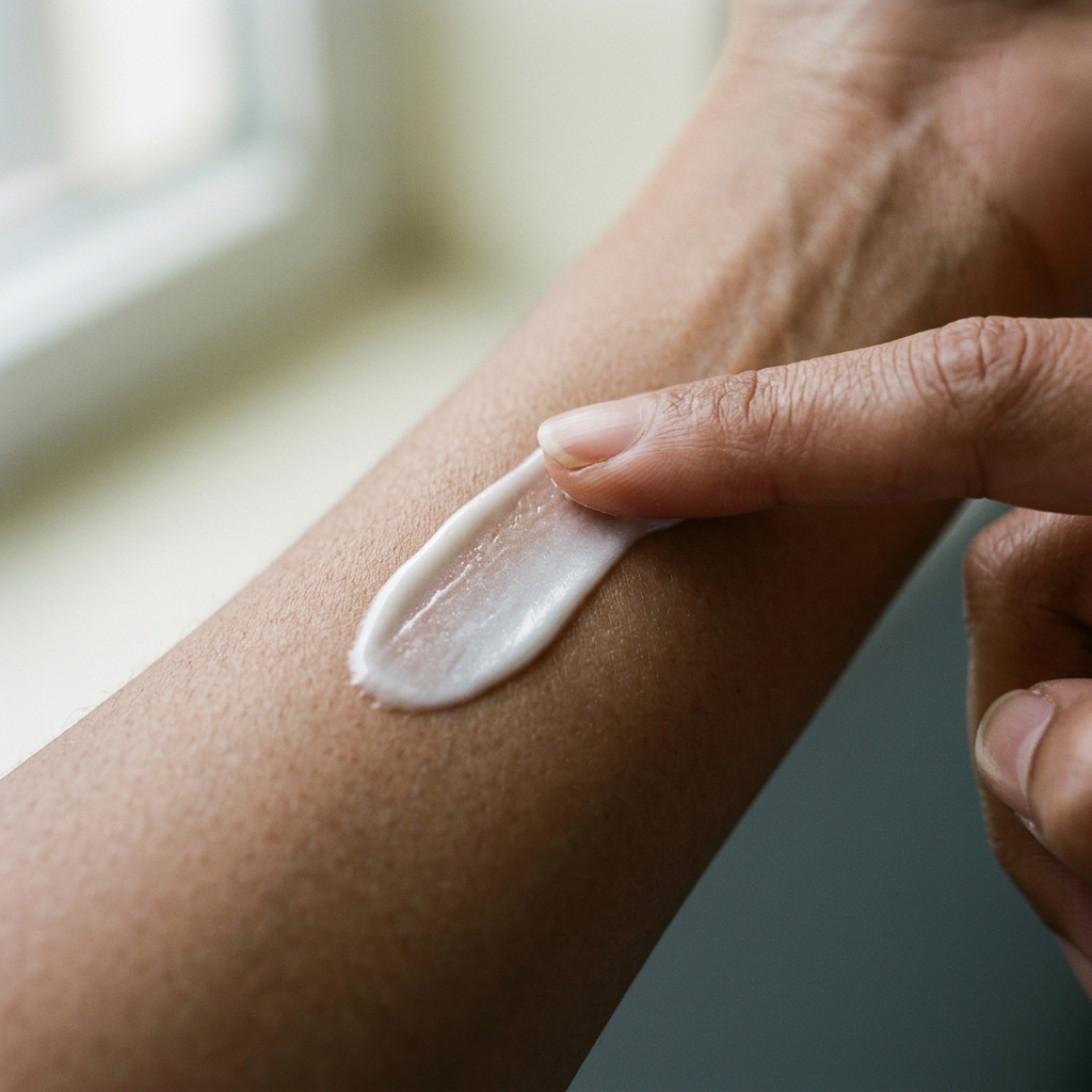 Macro photograph of a fingertip drawing a swatch of pearlescent cream on skin.