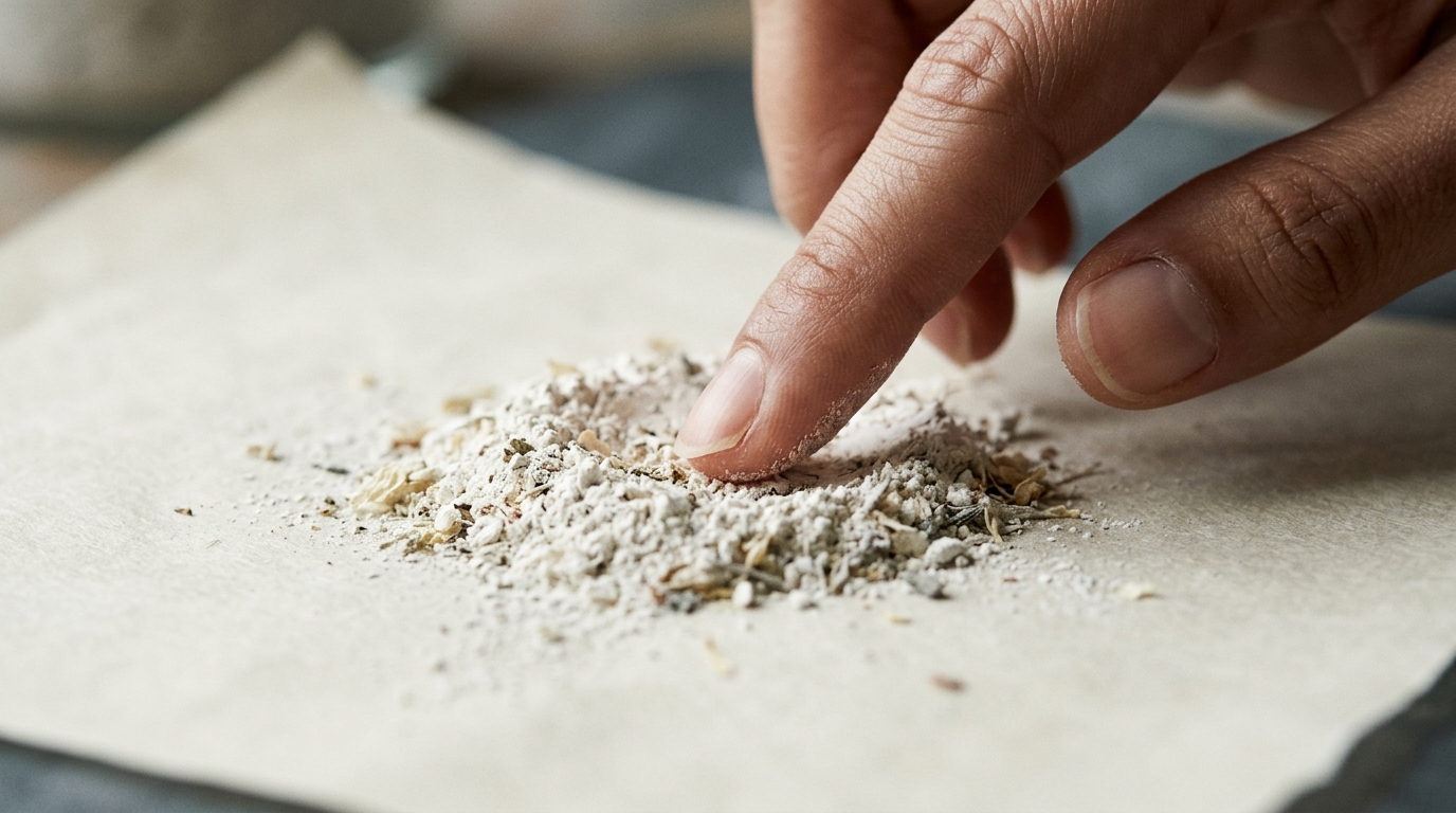 Macro photograph of fingertips brushing pale botanical powder on cream parchment.