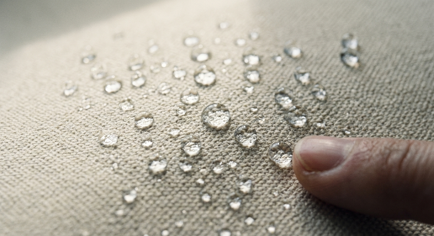 Water droplets beading on a hydrophobic textile surface.