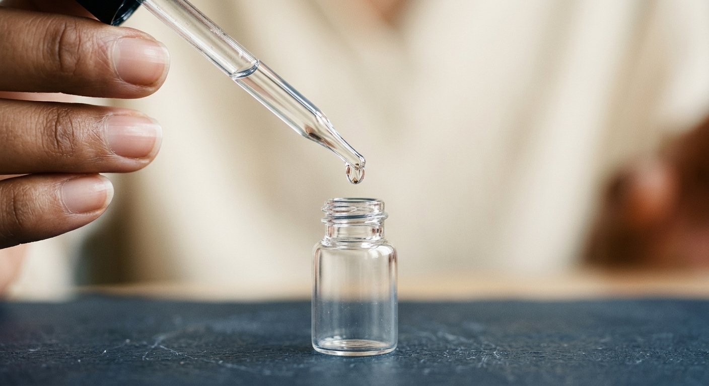 Glass pipette with a forming droplet above a sample vial.