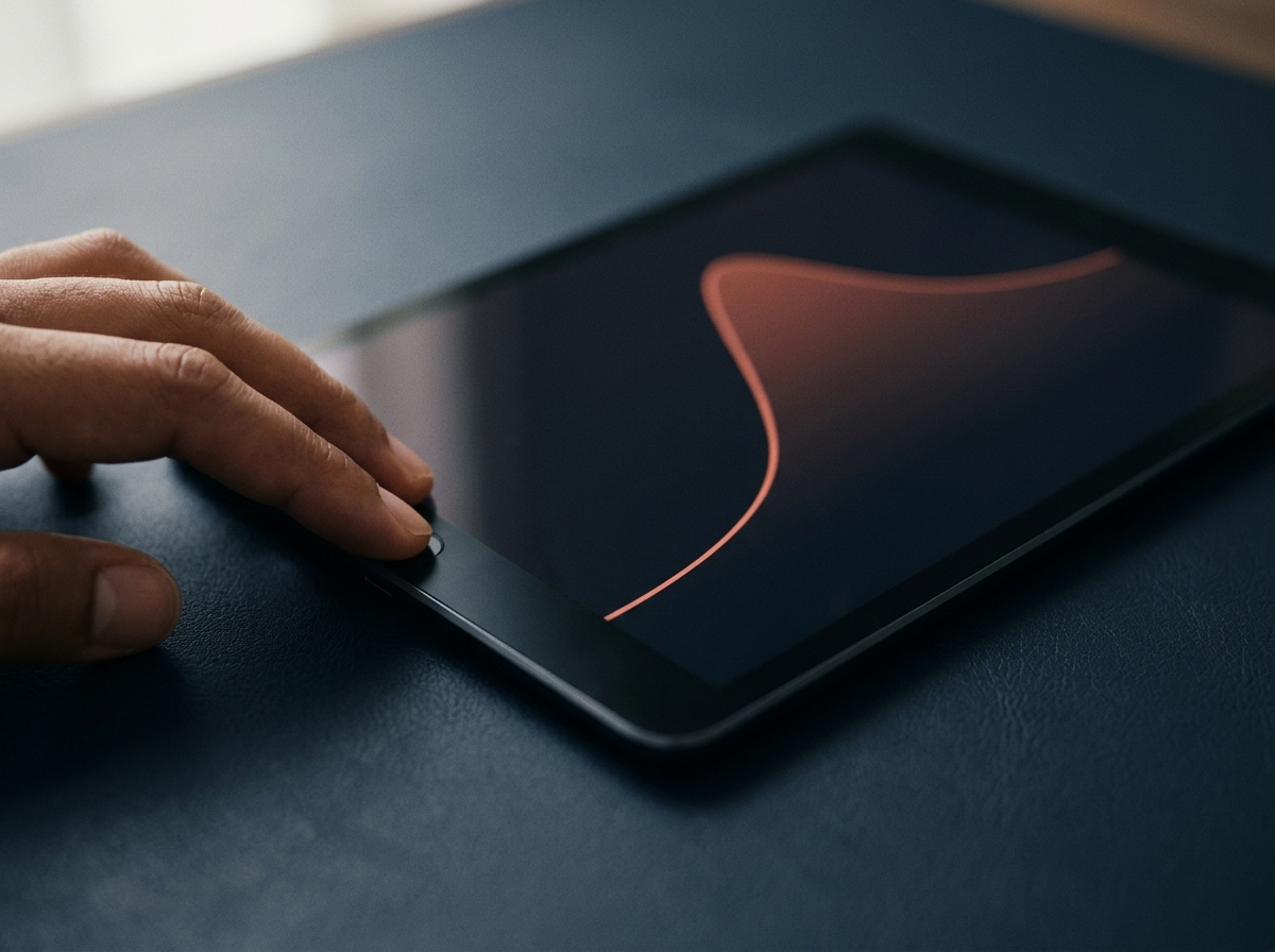 Anonymous fingertips on a dark tablet displaying an abstract exposure curve.