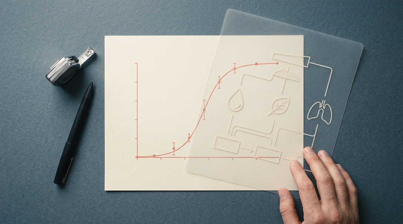 Flat-lay of a dose-response curve, exposure-pathway overlay, and fountain pen on a slate desk.