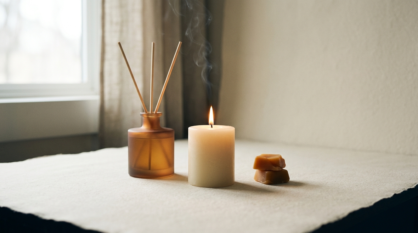 Editorial still life of a lit ivory candle, matte reed diffuser, and amber wax melts on cream paper.